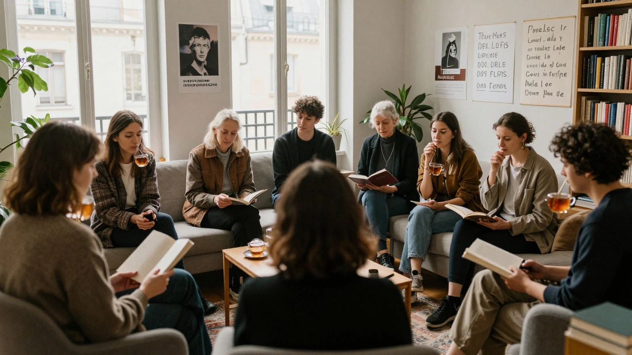 A diverse group in a warm apartment sharing poetry and tea, surrounded by books and art.