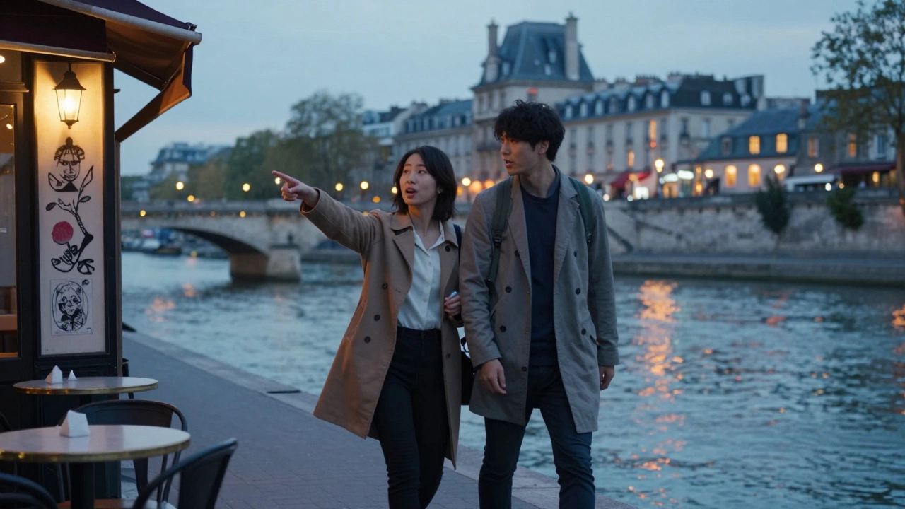 An escort and a client walking along the Seine at dusk, exploring Parisian hidden gems together.